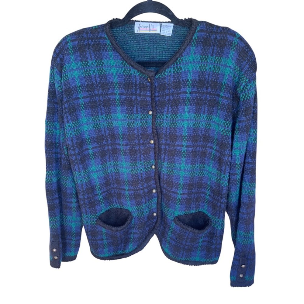 VTG Plaid Knit Cardigan Blue Green Button Front Pockets Grunge Preppy Retro‎ L